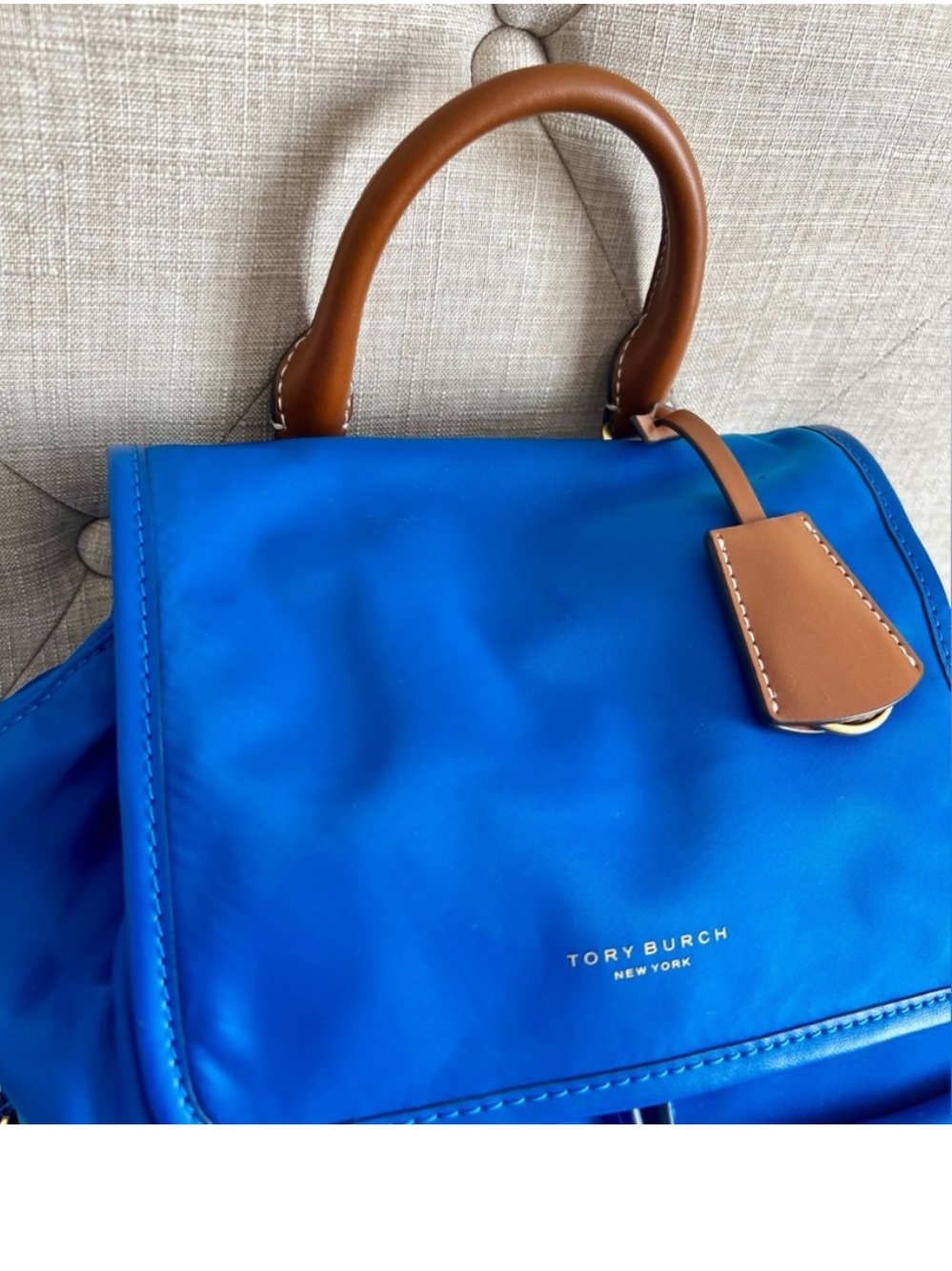 Tory Burch Perry Blue Nylon Backpack Leather Trim Gold Hardware NWOT - Picture 4 of 16